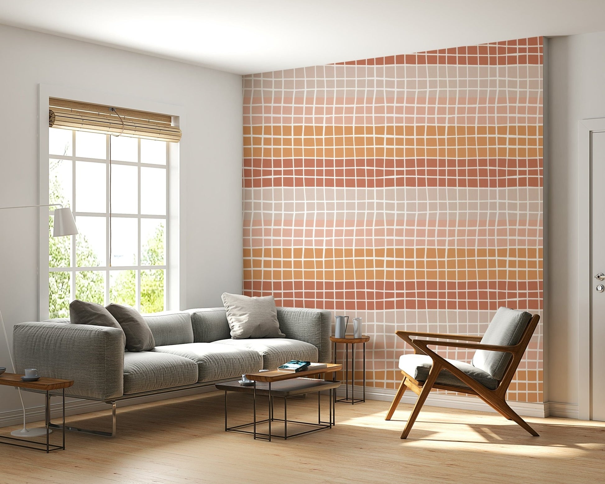 A minimal geometric wallpaper with irregular squares transitioning through warm earthy hues.
