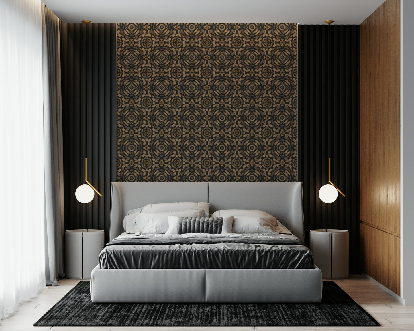 Modern symmetrical print with layered earth-tone patterns and natural textures.