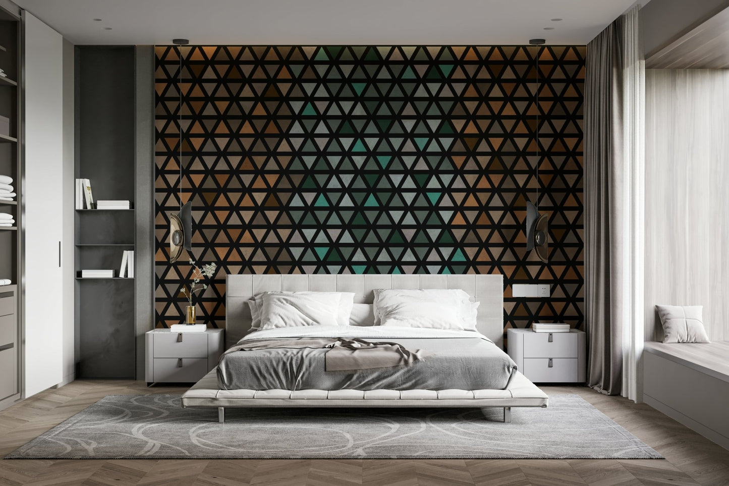 Modern geometric wall mural featuring layered earthy triangles.

