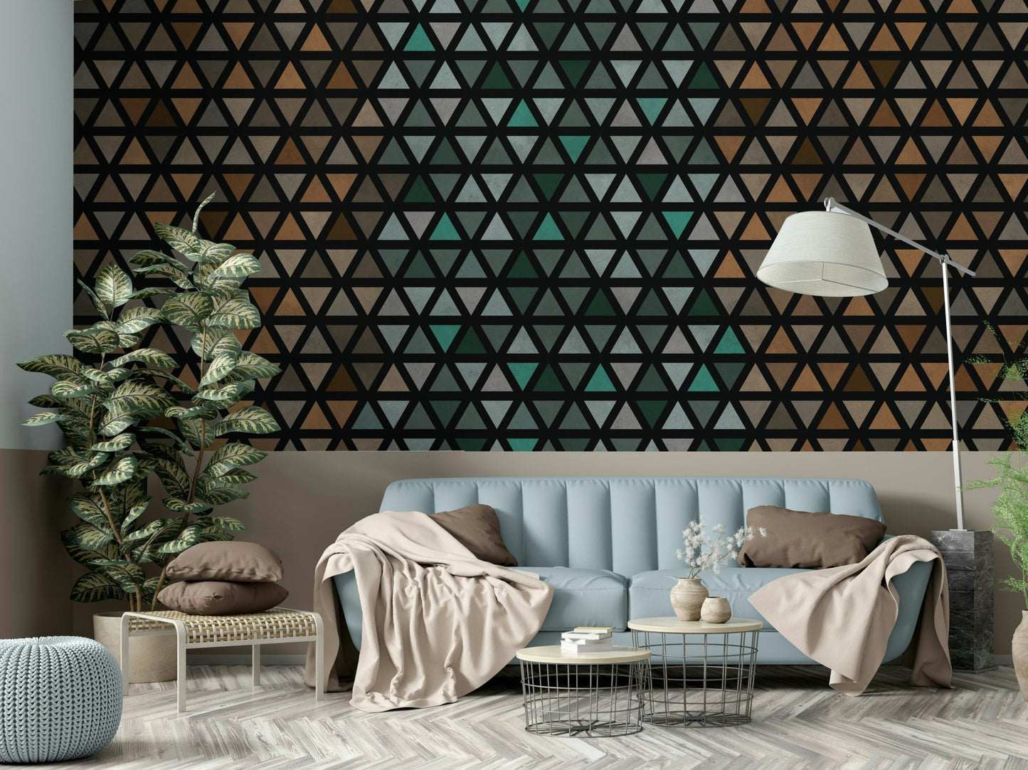 Scandinavian-inspired triangle mural in soft natural colors.

