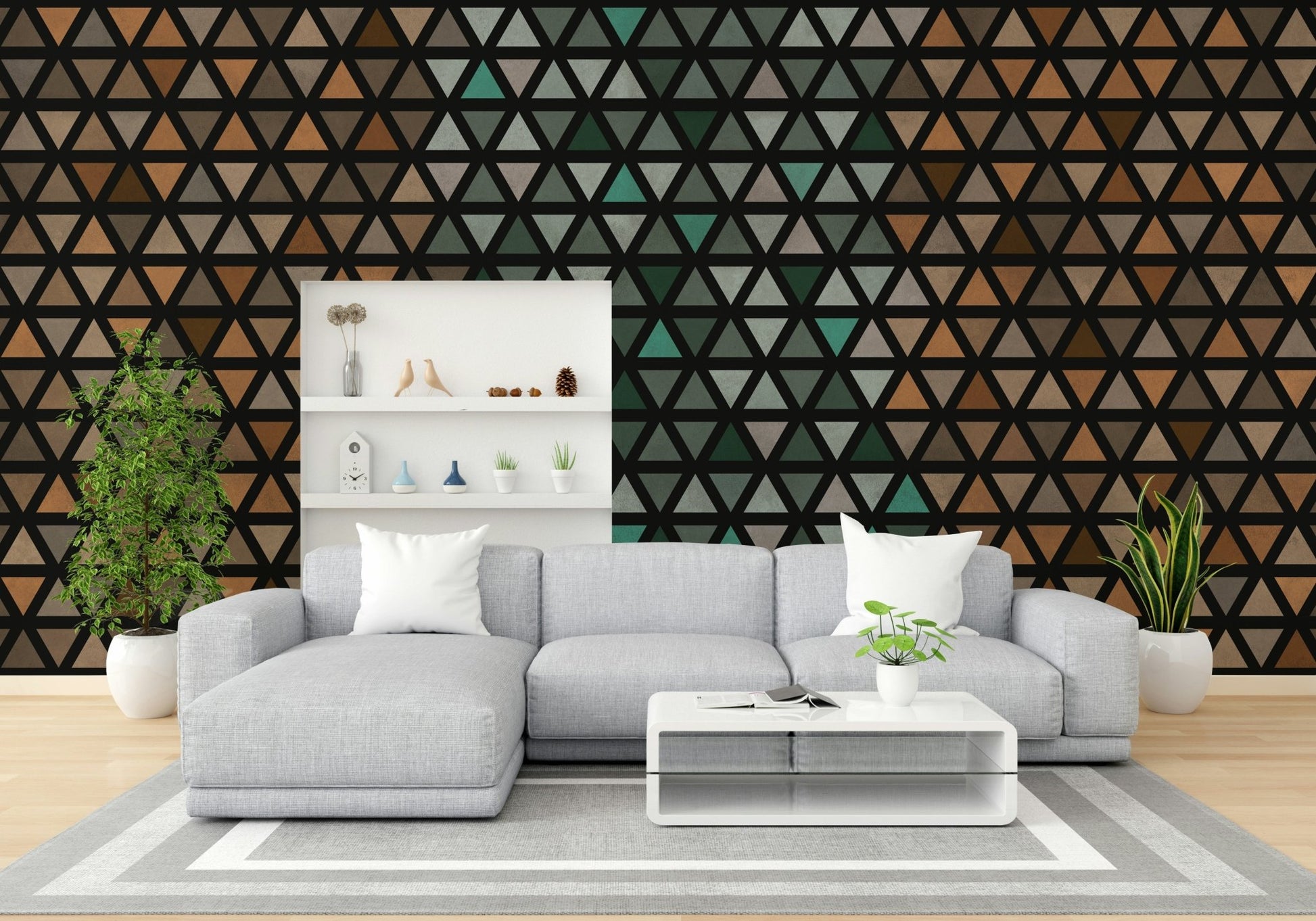 Geometric wall art mural with clean lines and warm hues.

