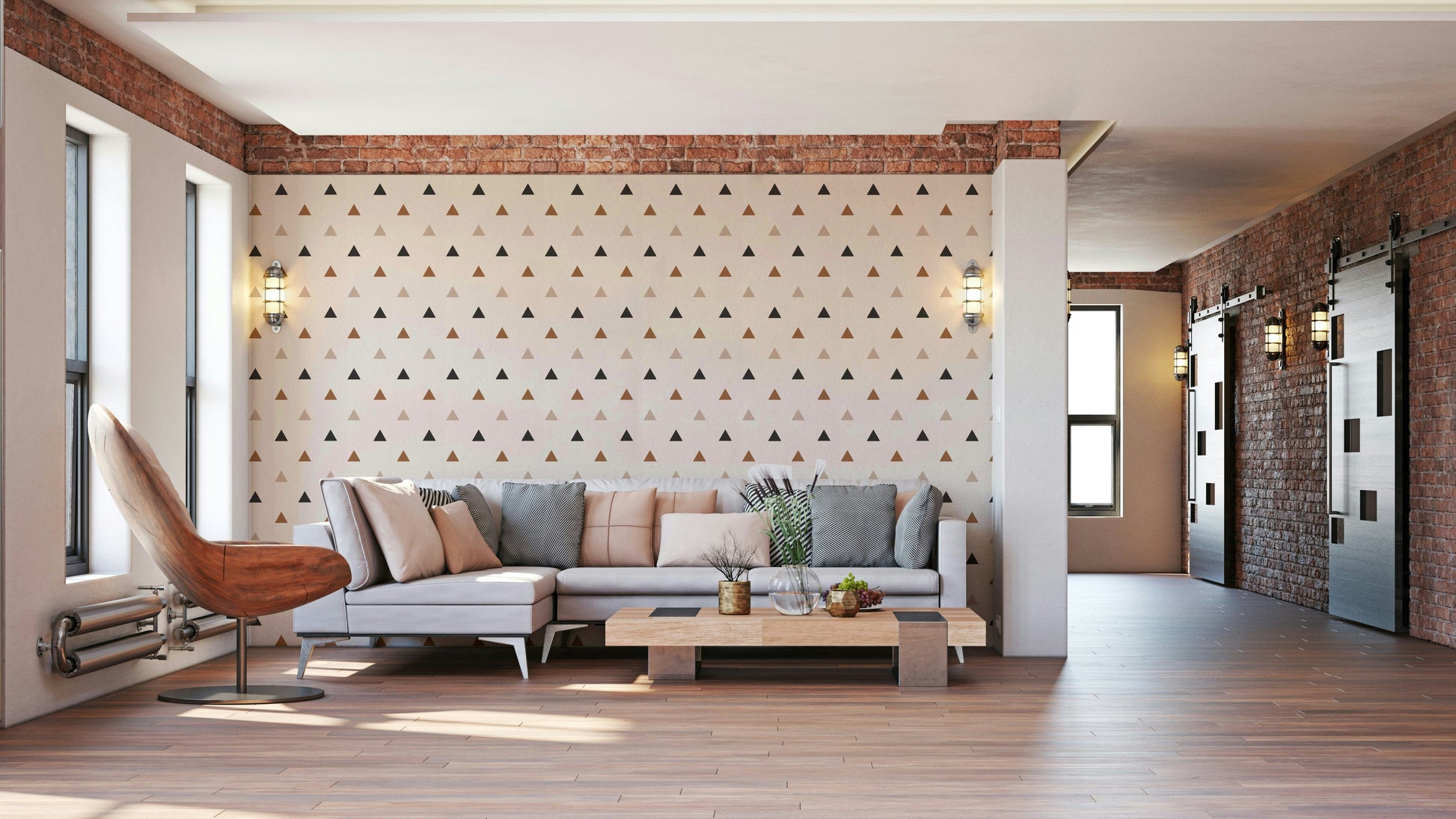 A peaceful wall mural with a modern, geometric design.

