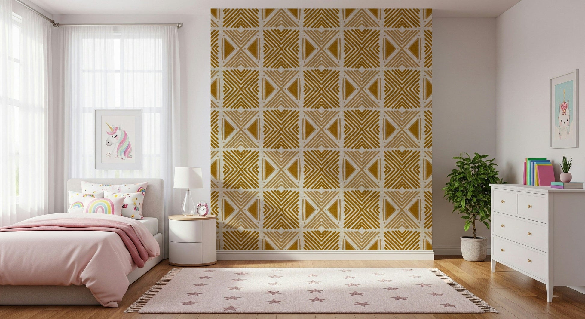 Aesthetic goldenrod wall mural, vintage global Tribal Foliage style.