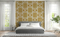 Artisan gold wall mural, stylized folk Tribal Foliage Motif.