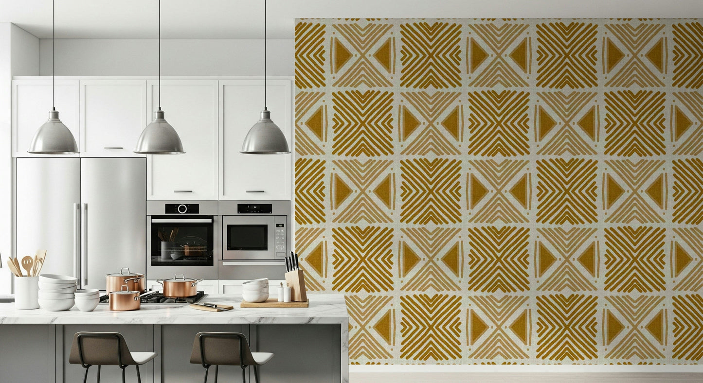 Hand-drawn wall mural with warm mustard, repeating chevron pattern.