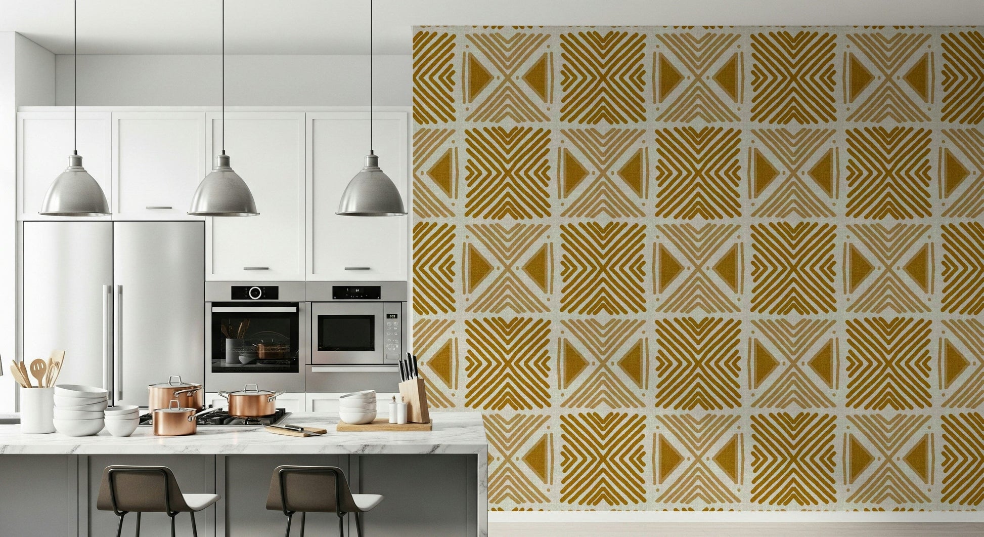 Hand-drawn wall mural with warm mustard, repeating chevron pattern.