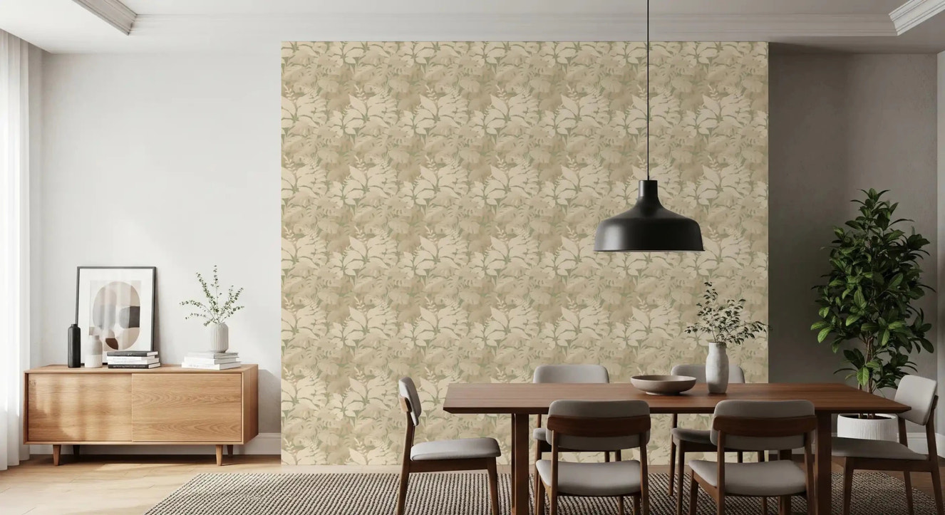 Earthy Tropics wallpaper in dining room with soft monstera leaves