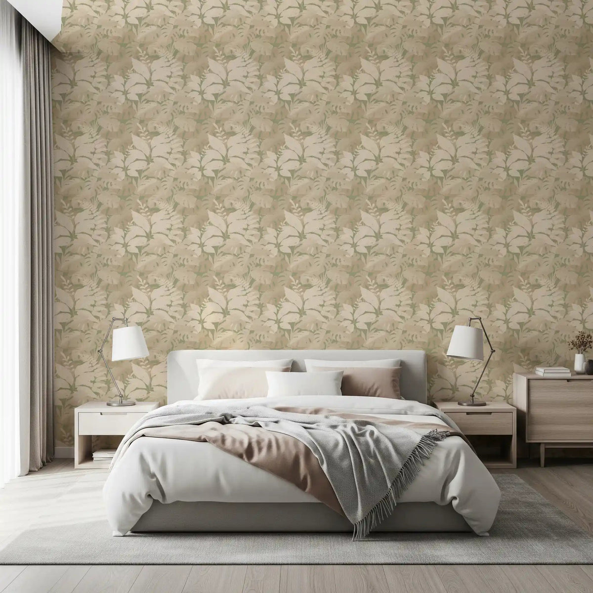 Repeating neutral leaves wallpaper in taupe and cream foliage tones