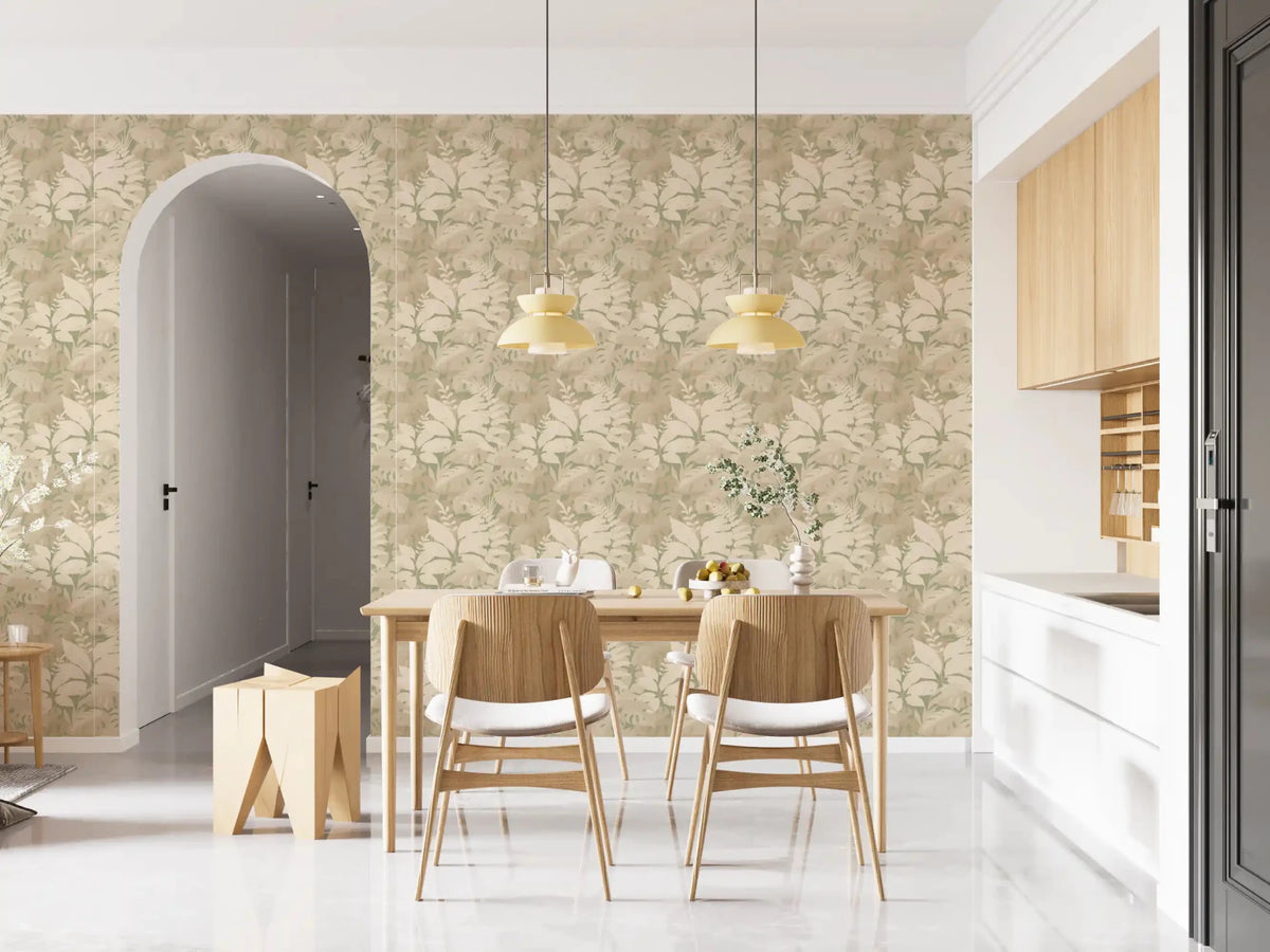 Dining area Earthy Tropics wallpaper with beige tropical leaf repeat