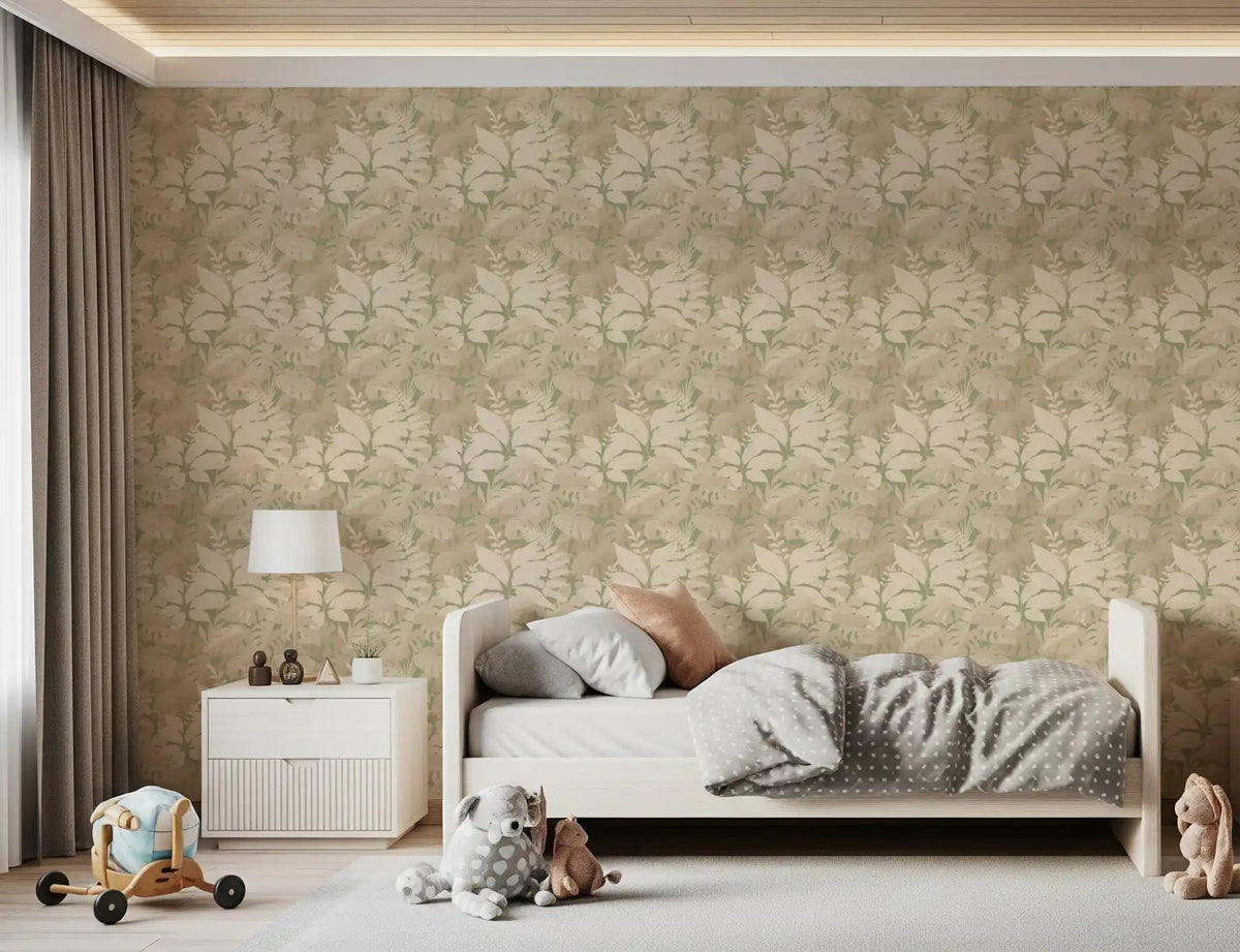Bedroom Earthy Tropics wallpaper with neutral botanical pattern