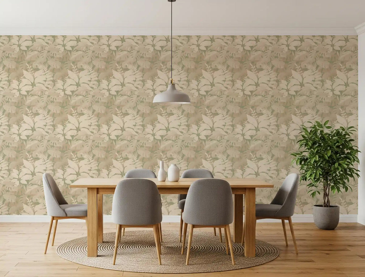 Beige botanical wallpaper with monstera leaves and leaf shapes