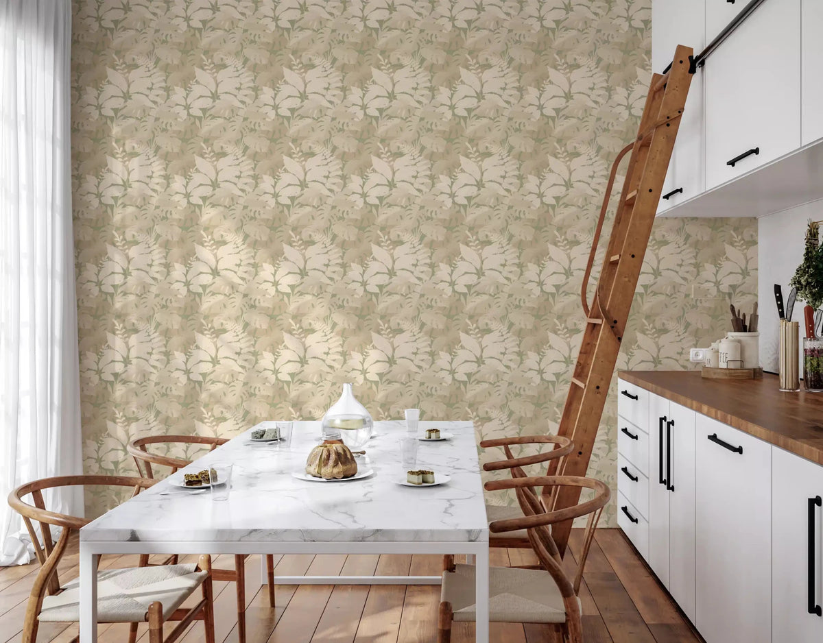 Earthy Tropics wallpaper showing soft botanical leaf pattern