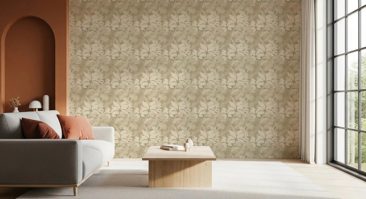 Hallway Earthy Tropics wallpaper featuring layered leaf silhouettes