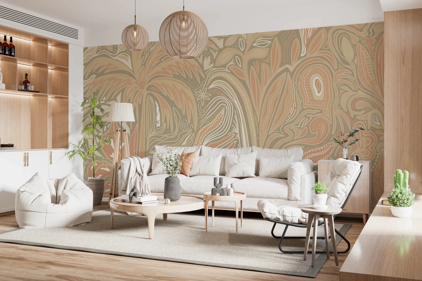 Soft terracotta and beige tones define this earthy botanical wall mural design