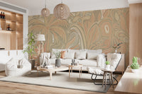 Soft terracotta and beige tones define this earthy botanical wall mural design