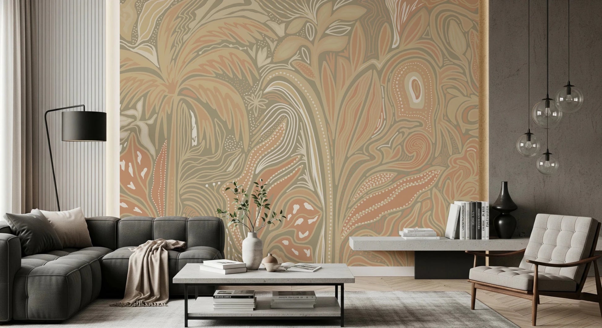 Rustic botanical wall mural with hand-drawn palm trees in muted warm colors
