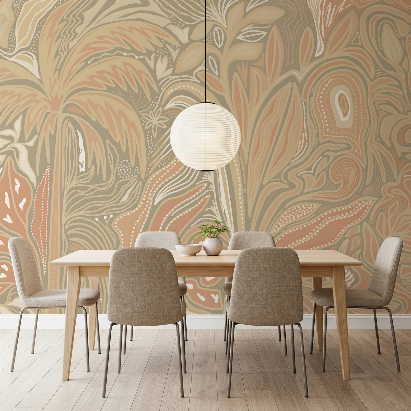 Earthy warm tones jungle rustic abstraction wall mural with botanical palm leaves