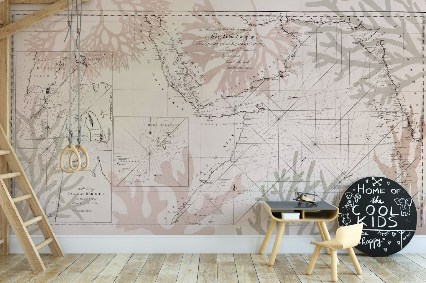 Nautical map mural wallpaper with tropical plants
