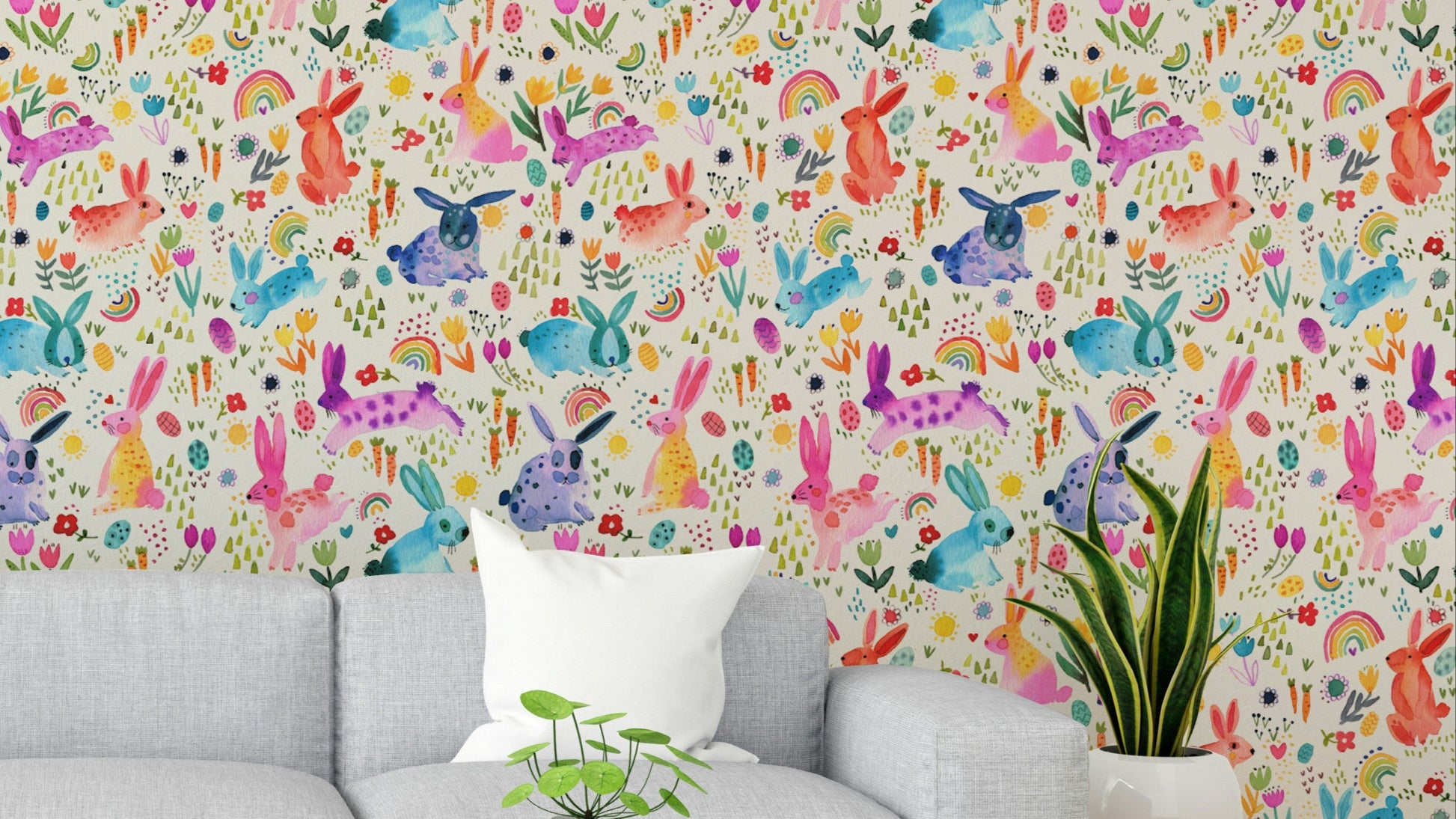 Easter bunny wallpaper with rabbits in a meadow

