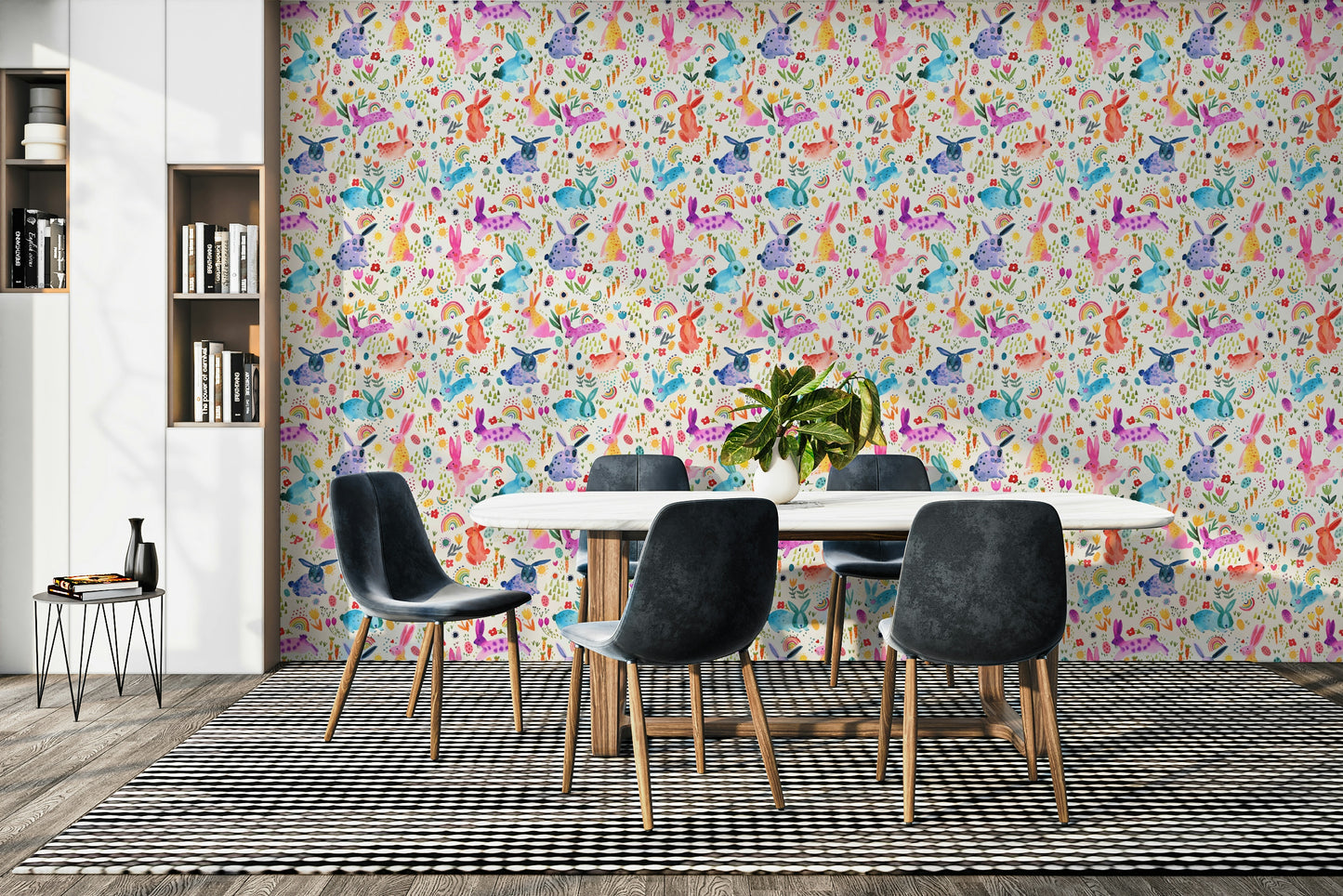 Kids’ room wallpaper with cute springtime bunnies

