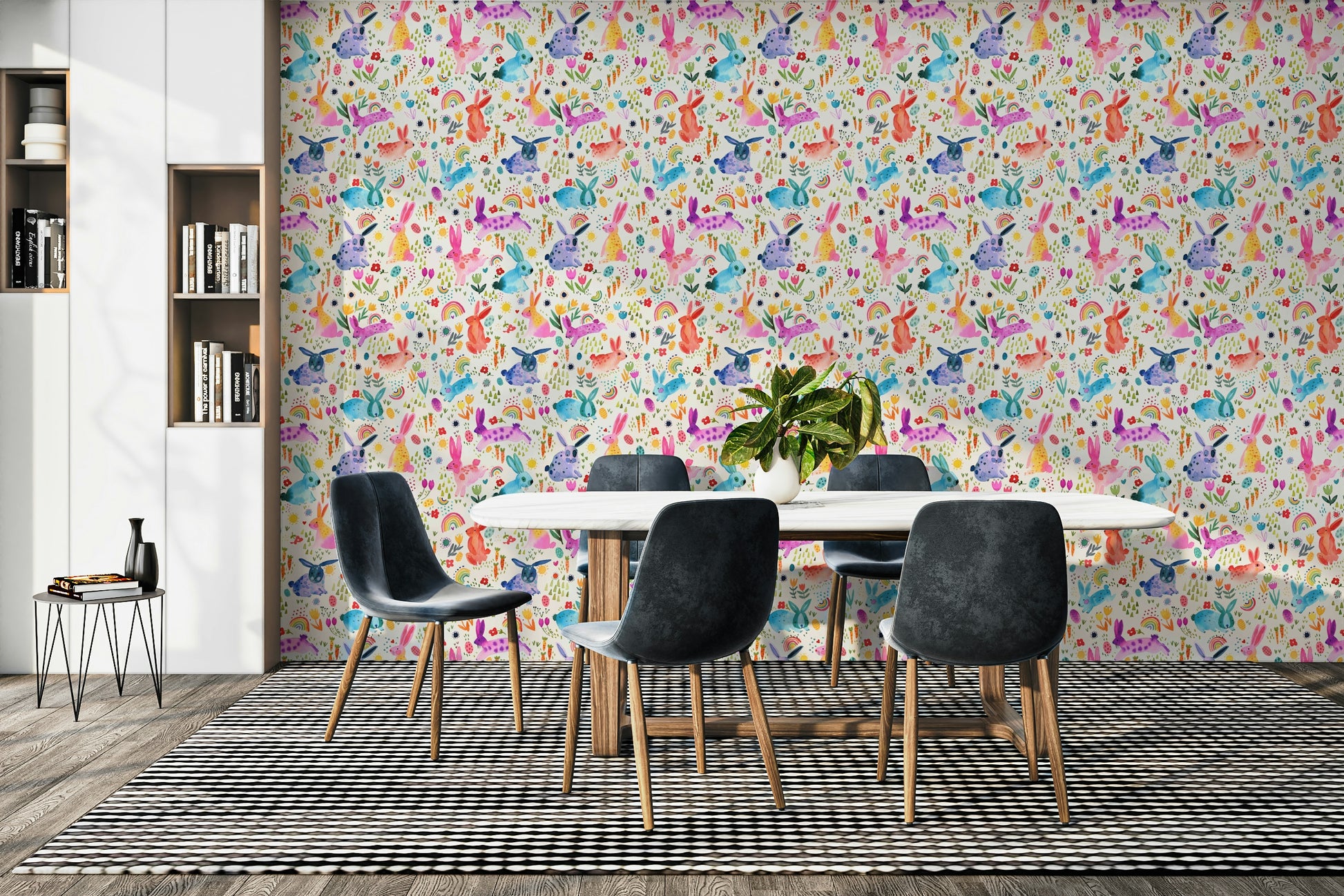 Kids’ room wallpaper with cute springtime bunnies

