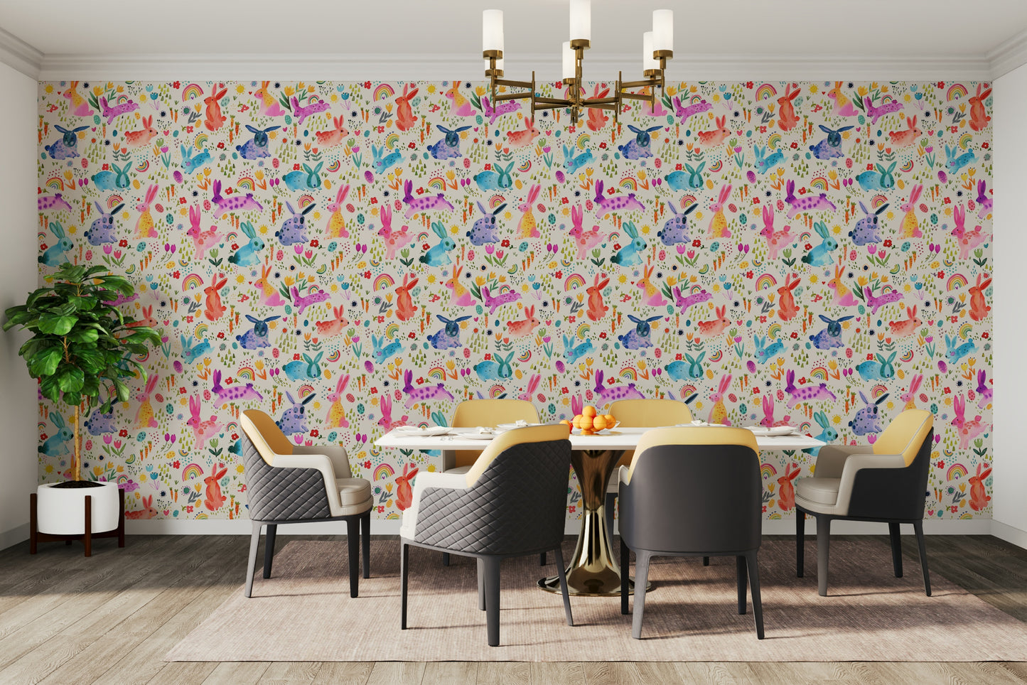 Playroom décor with playful rabbit meadow wallpaper

