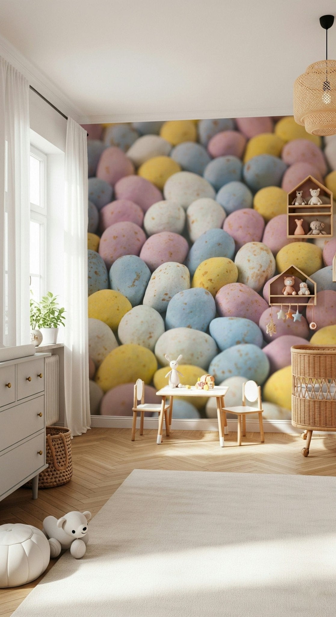 Pink blue yellow eggs wall mural detail