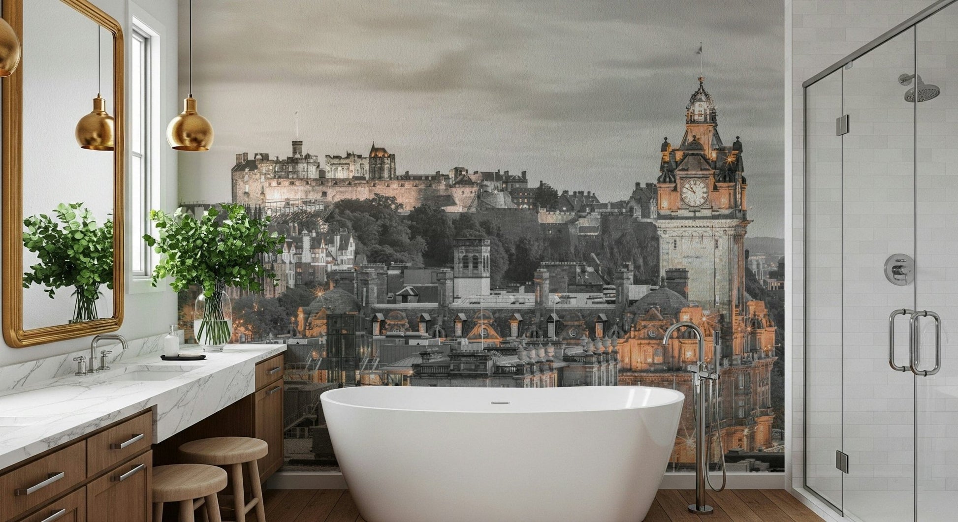 Royal Mile view Edinburgh Castle wall decor, clock tower feature.