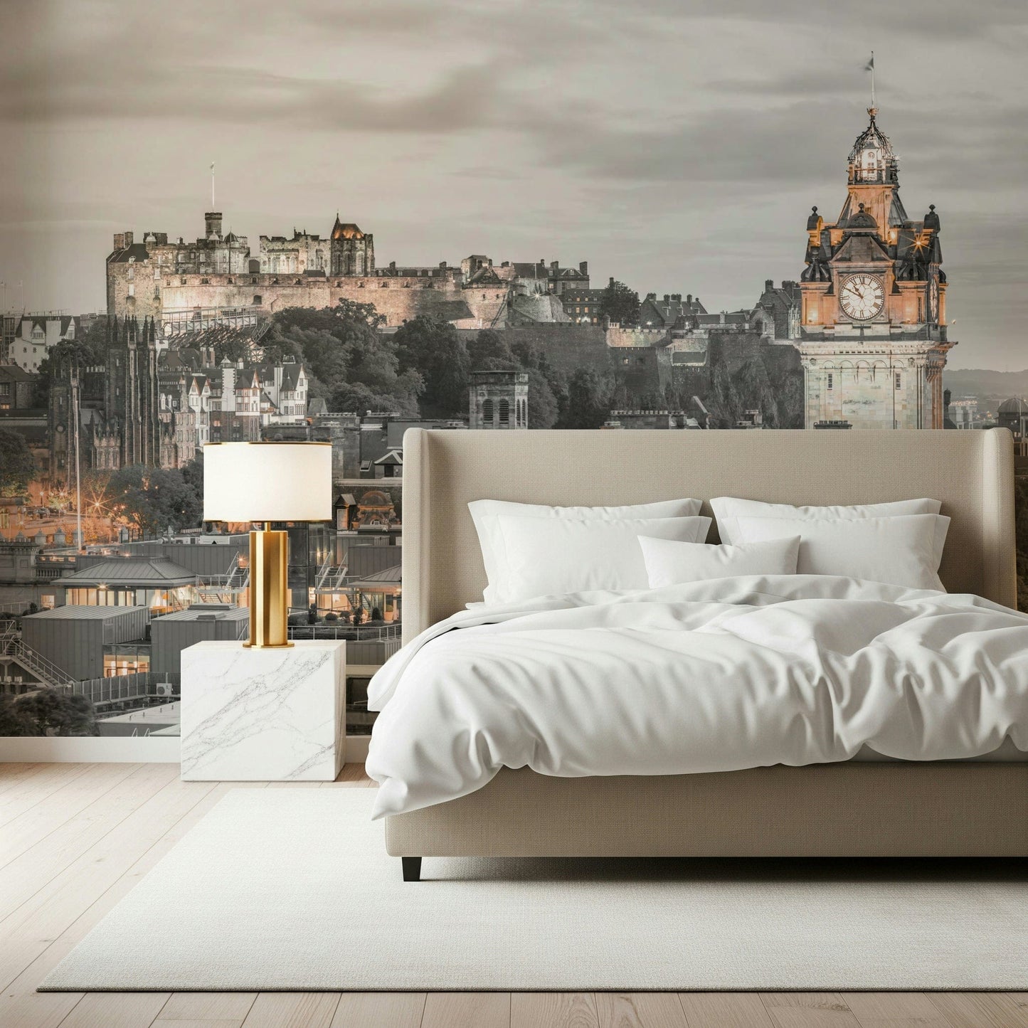 Edinburgh Castle photography mural, monochrome with amber lights.
