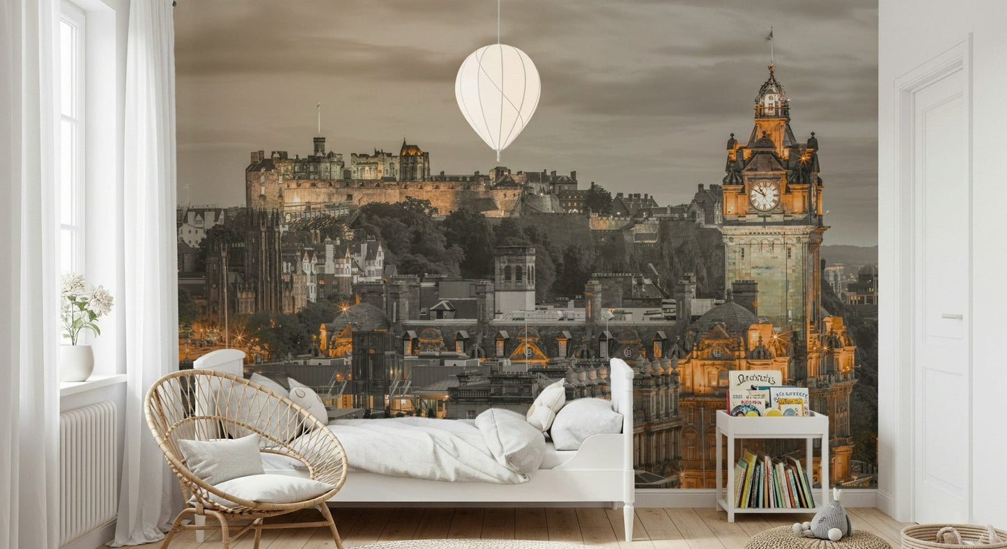 Atmospheric Edinburgh Twilight clock tower, dramatic evening cityscape print.