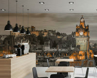 Illuminated Edinburgh Twilight skyline wallpaper for walls, Scottish capital art.
