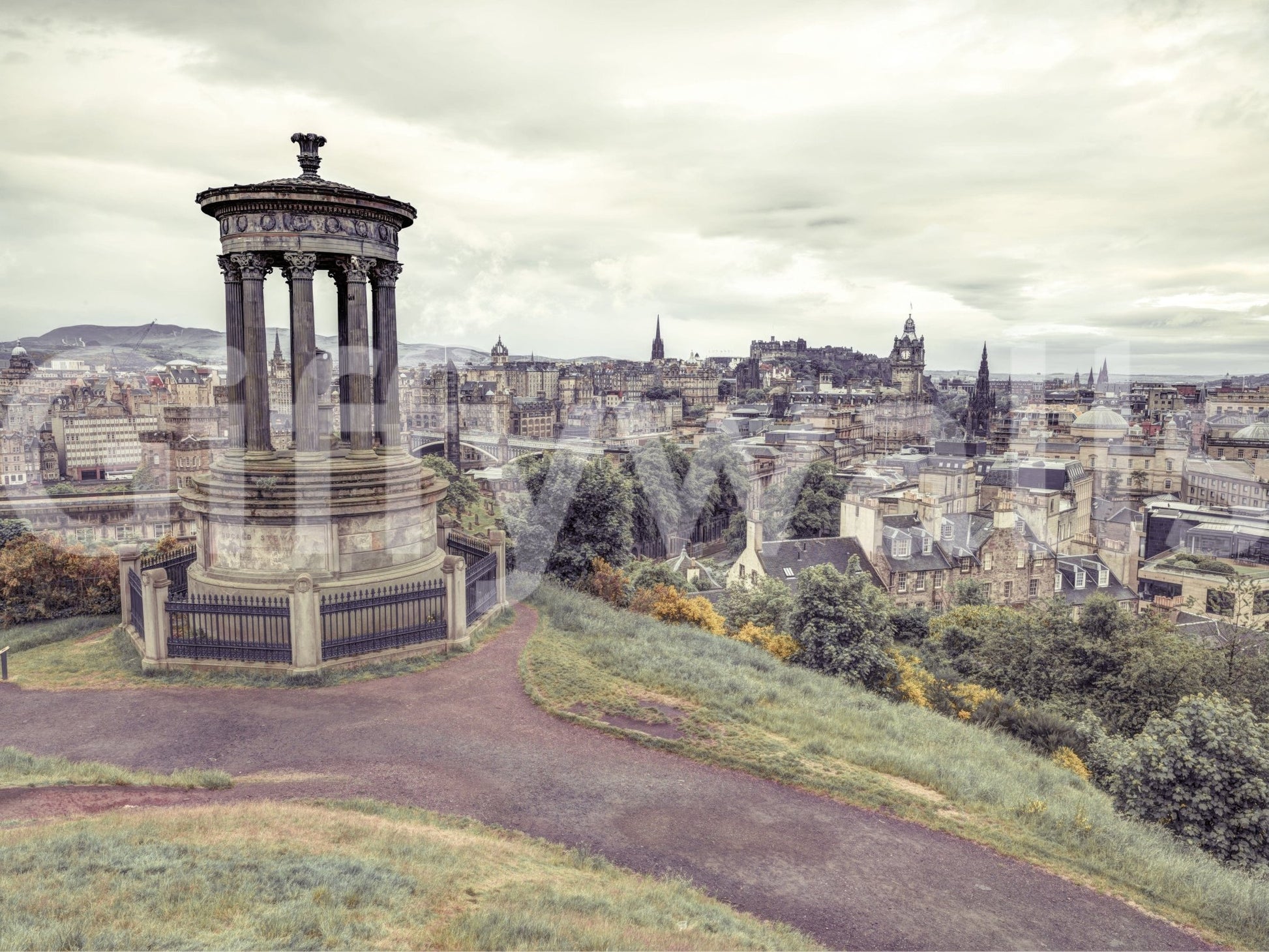 Dramatic Scottish atmosphere mural, distant Edinburgh castle impression.