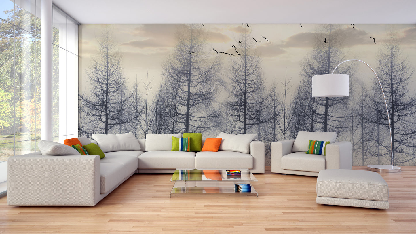 Eerie Foggy Forest Spooky Tree Halloween Wallpaper Mural - Giffywalls