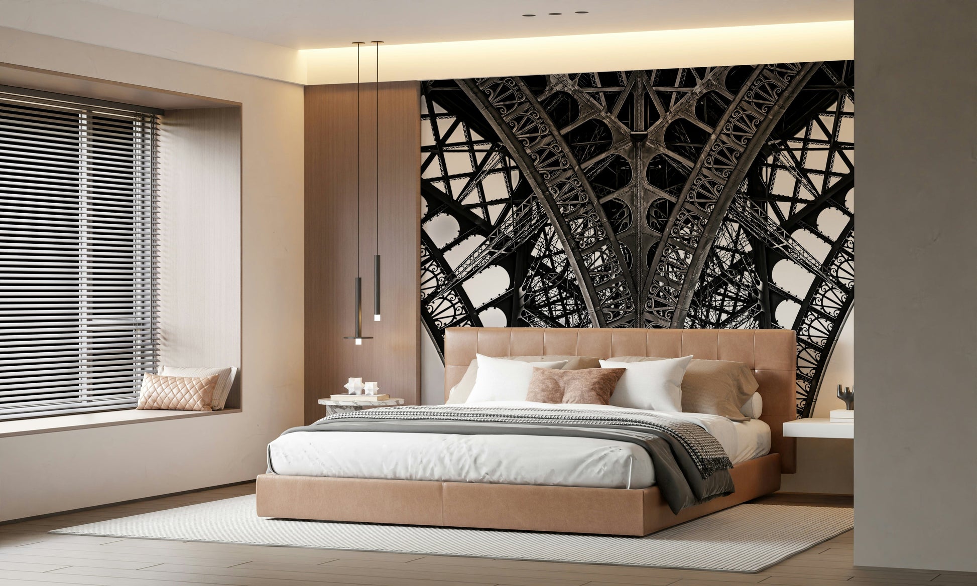 Living room feature wall with Eiffel Tower mural, urban style, neutral palette decor