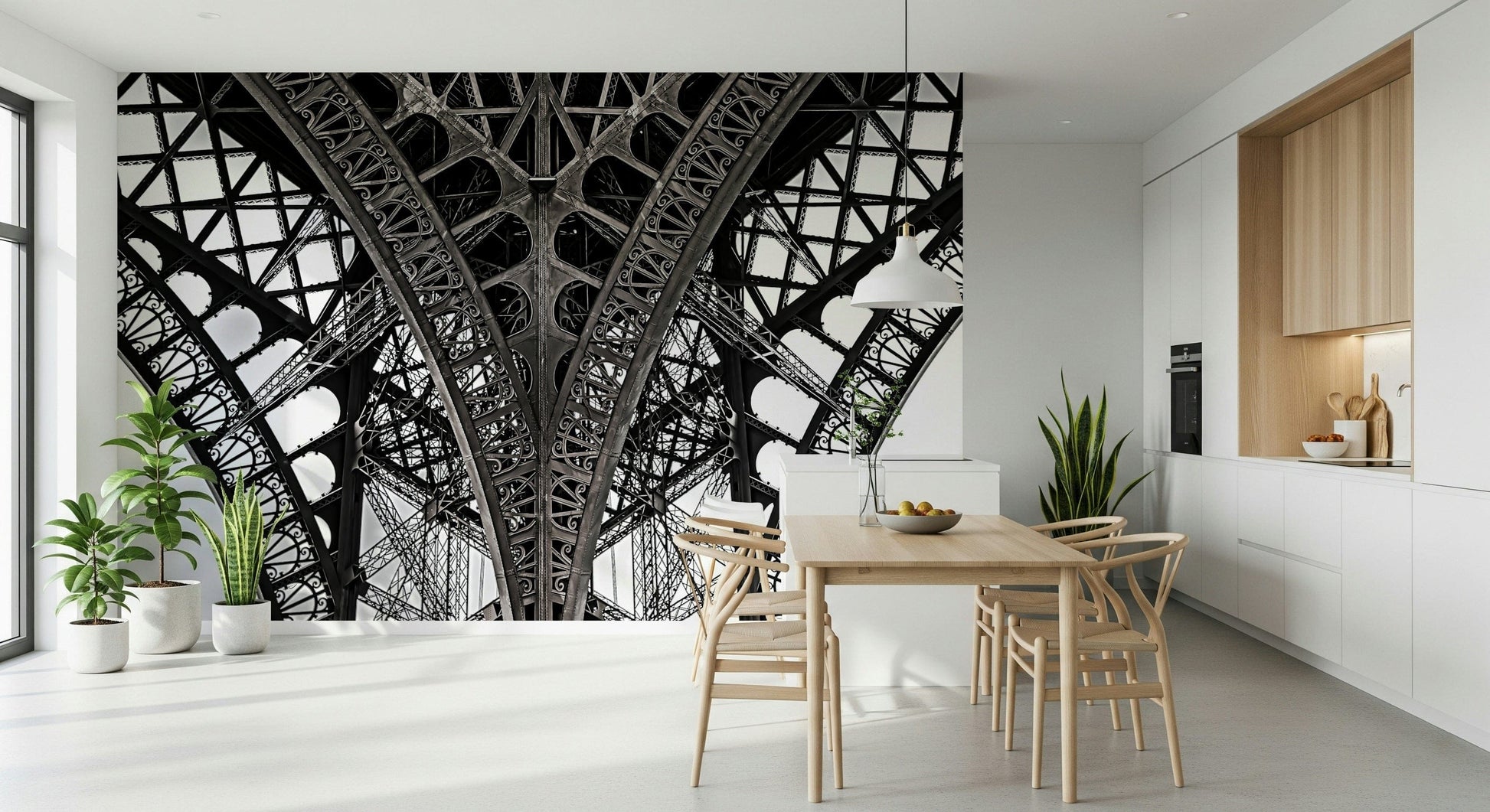 Study nook with Eiffel mural, Paris city skyline, modern apartment wall decor