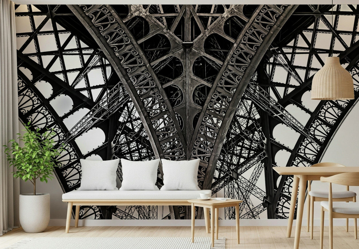 Dining area feature wall with Eiffel’s Ascent Wall Mural, Paris city scene, modern decor