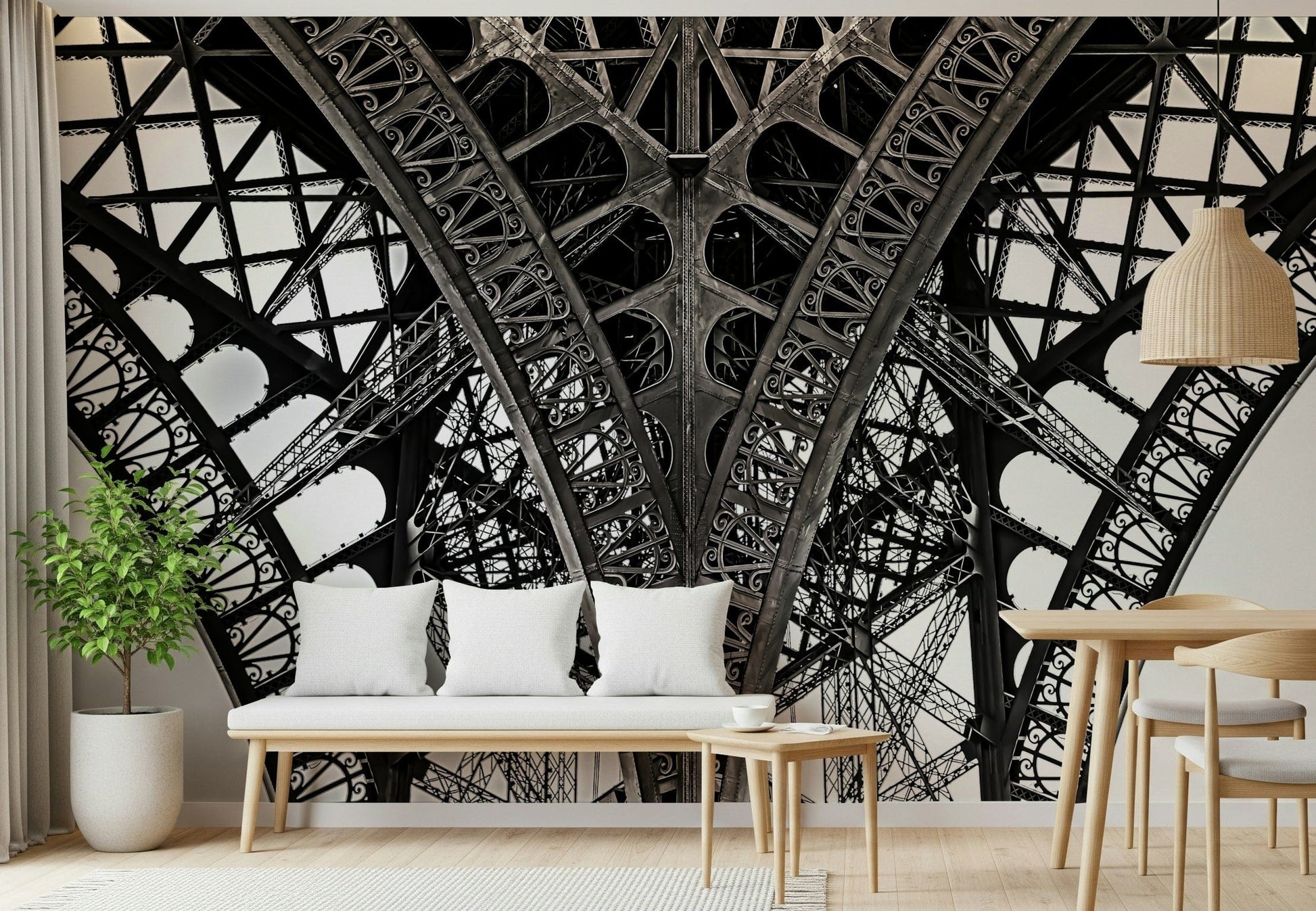 Dining area feature wall with Eiffel’s Ascent Wall Mural, Paris city scene, modern decor