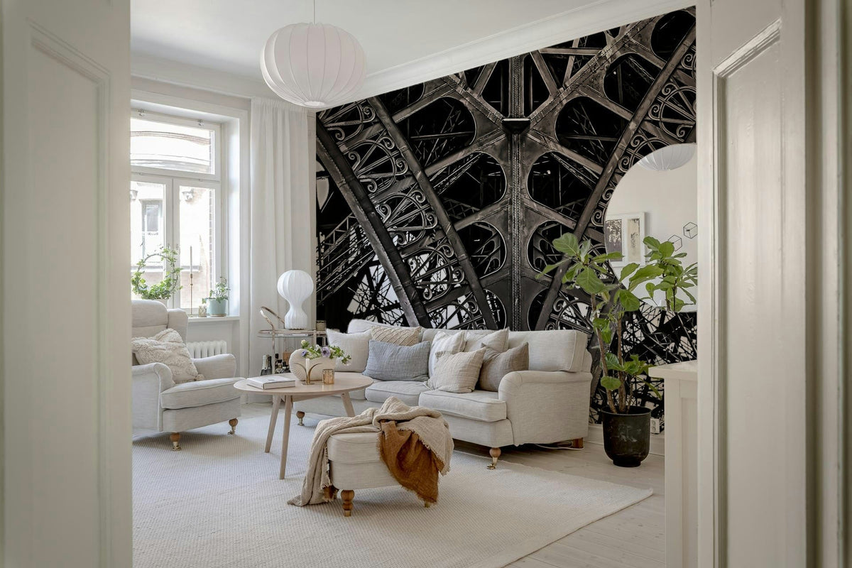 Eiffel Tower wall mural behind sofa in apartment, monochrome city view, modern wall decor
