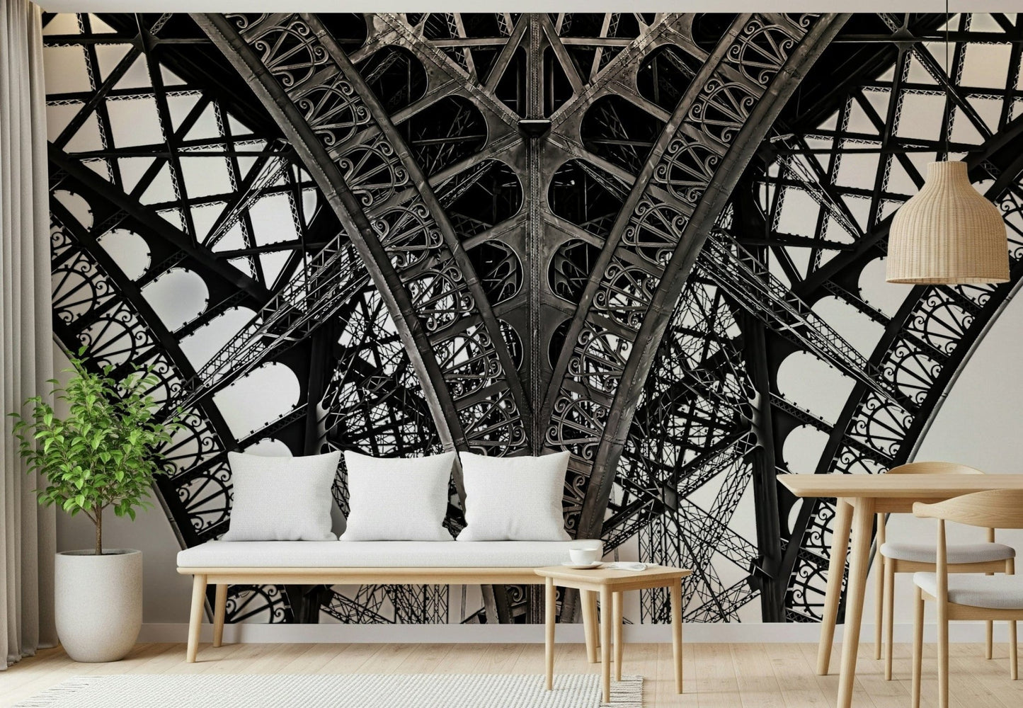 Dining area feature wall with Eiffel’s Ascent Wall Mural, Paris city scene, modern decor