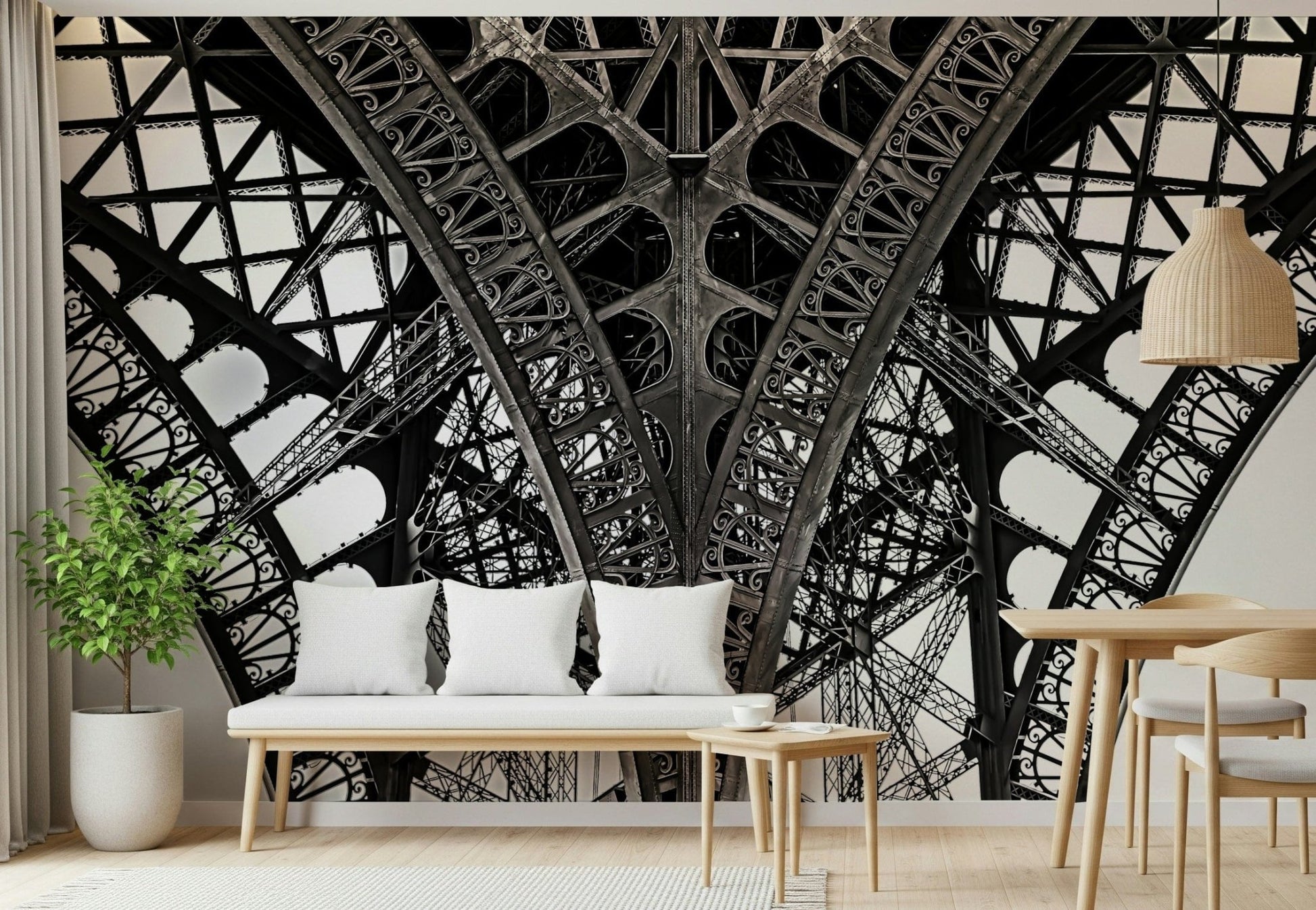 Dining area feature wall with Eiffel’s Ascent Wall Mural, Paris city scene, modern decor