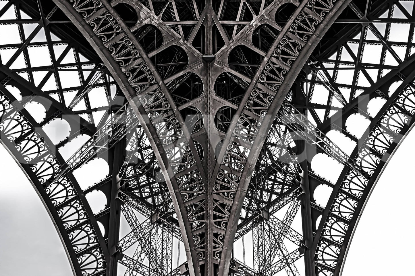 Contemporary lounge with Eiffel Tower wallpaper mural, gray tones, modern wall decor