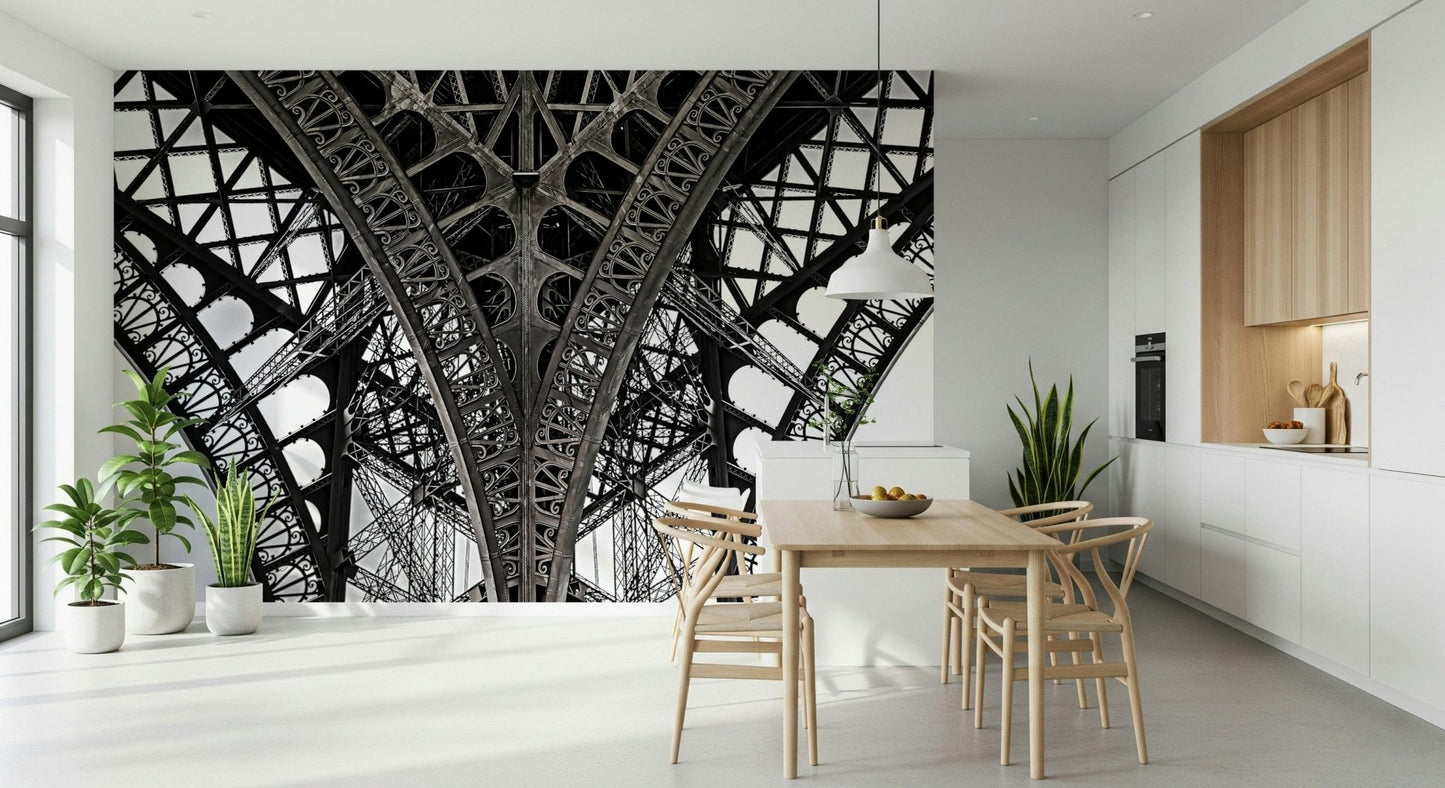 Study nook with Eiffel mural, Paris city skyline, modern apartment wall decor