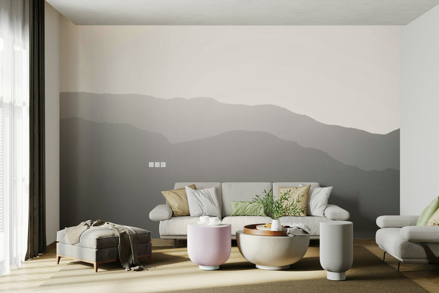 A minimalist home office with the scenic mountain wallpaper.


