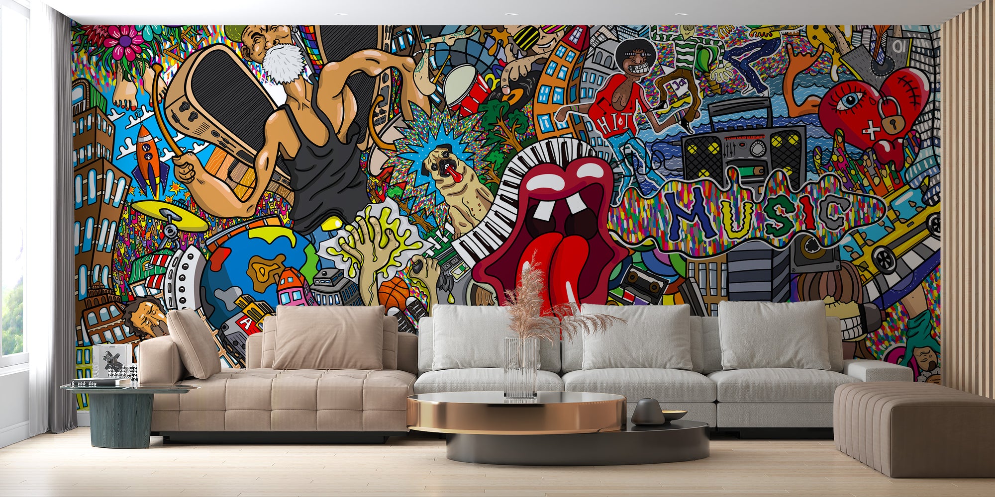 Electric Music Collage Graffiti wallpaper mural in bold colors behind a large beige sectional sofa in a living room