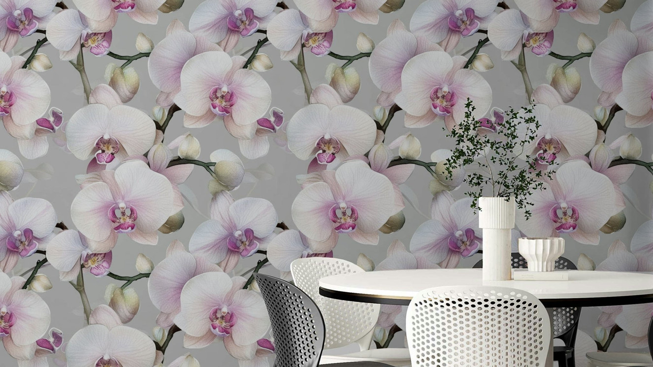 Luxurious orchid floral wall mural on soft, neutral background.

