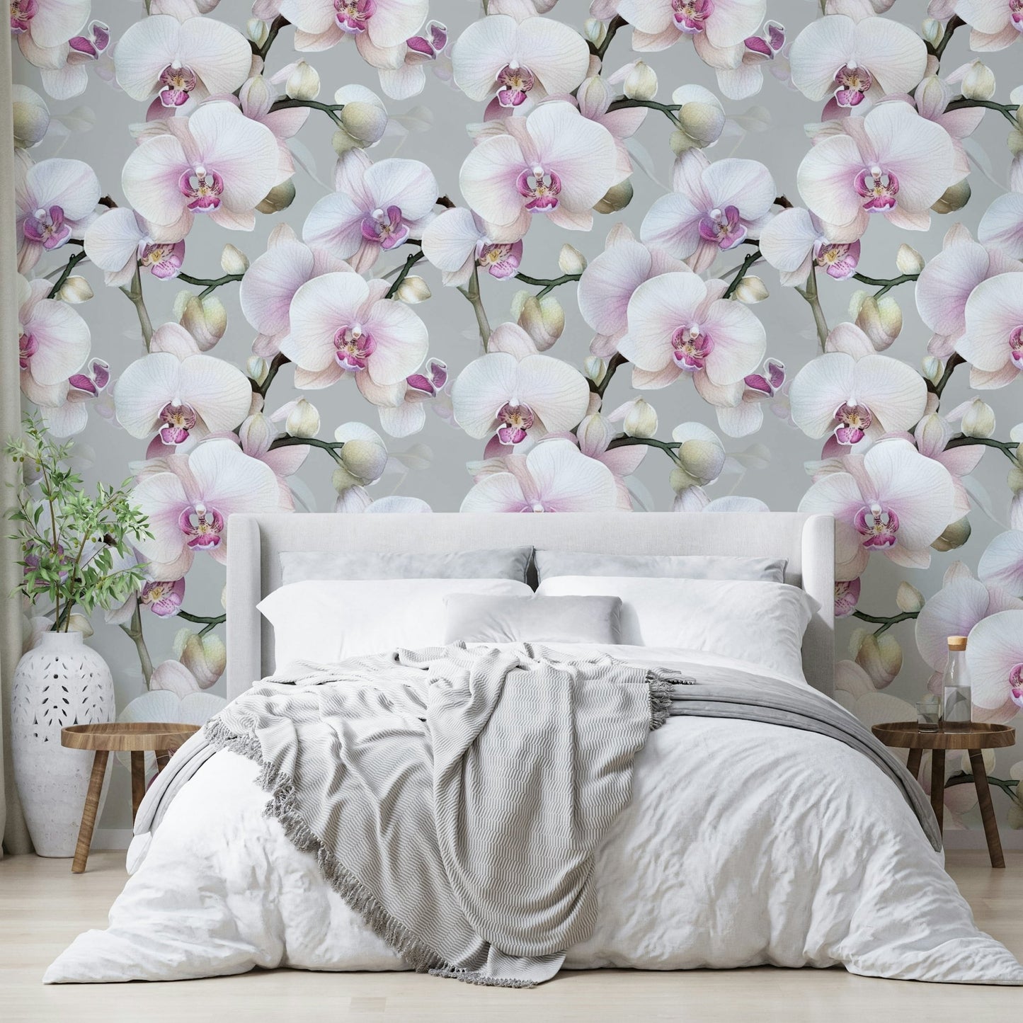 Timeless elegance of orchids on wallpaper for a serene room.


