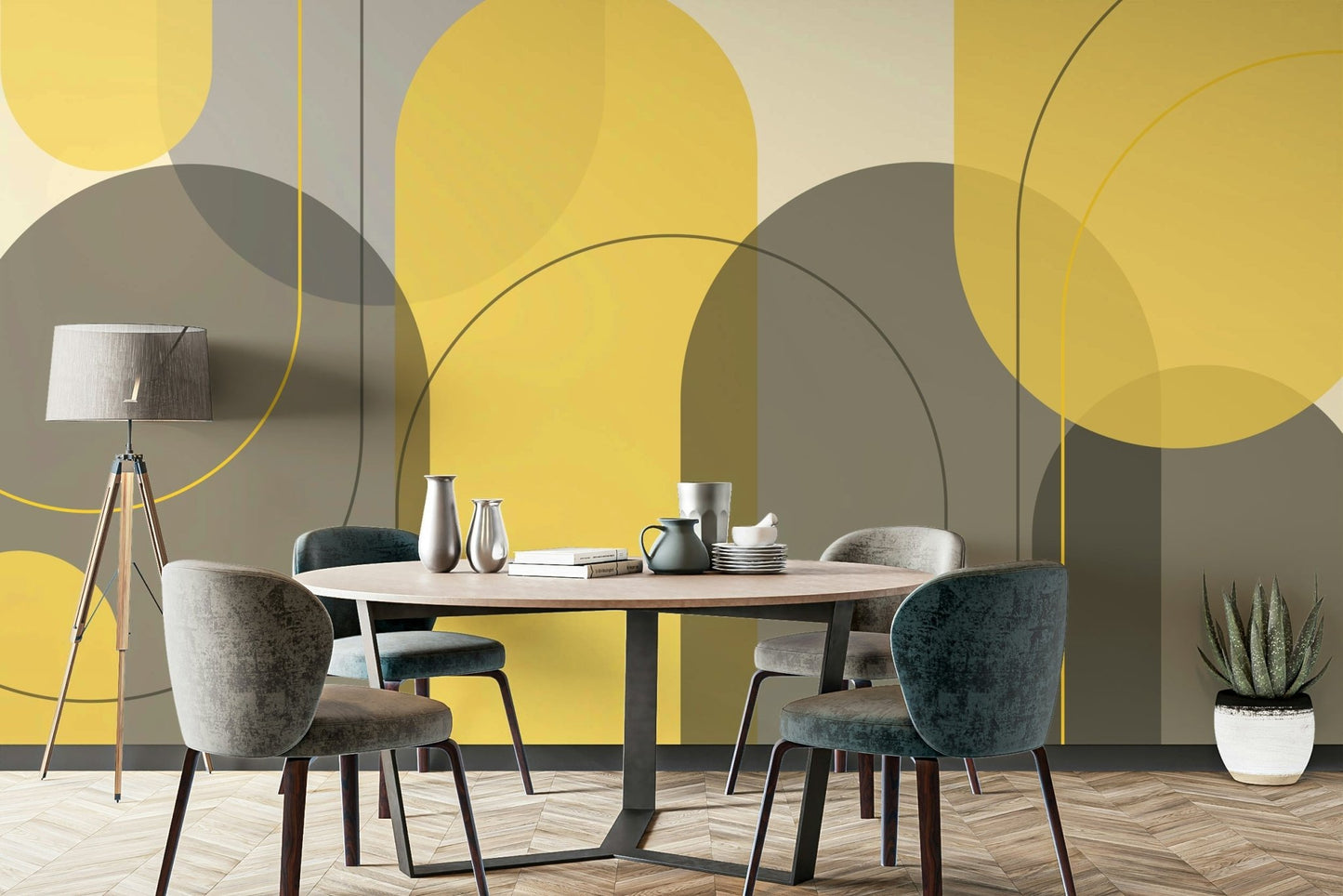 Taupe and yellow arch pattern wall mural design

