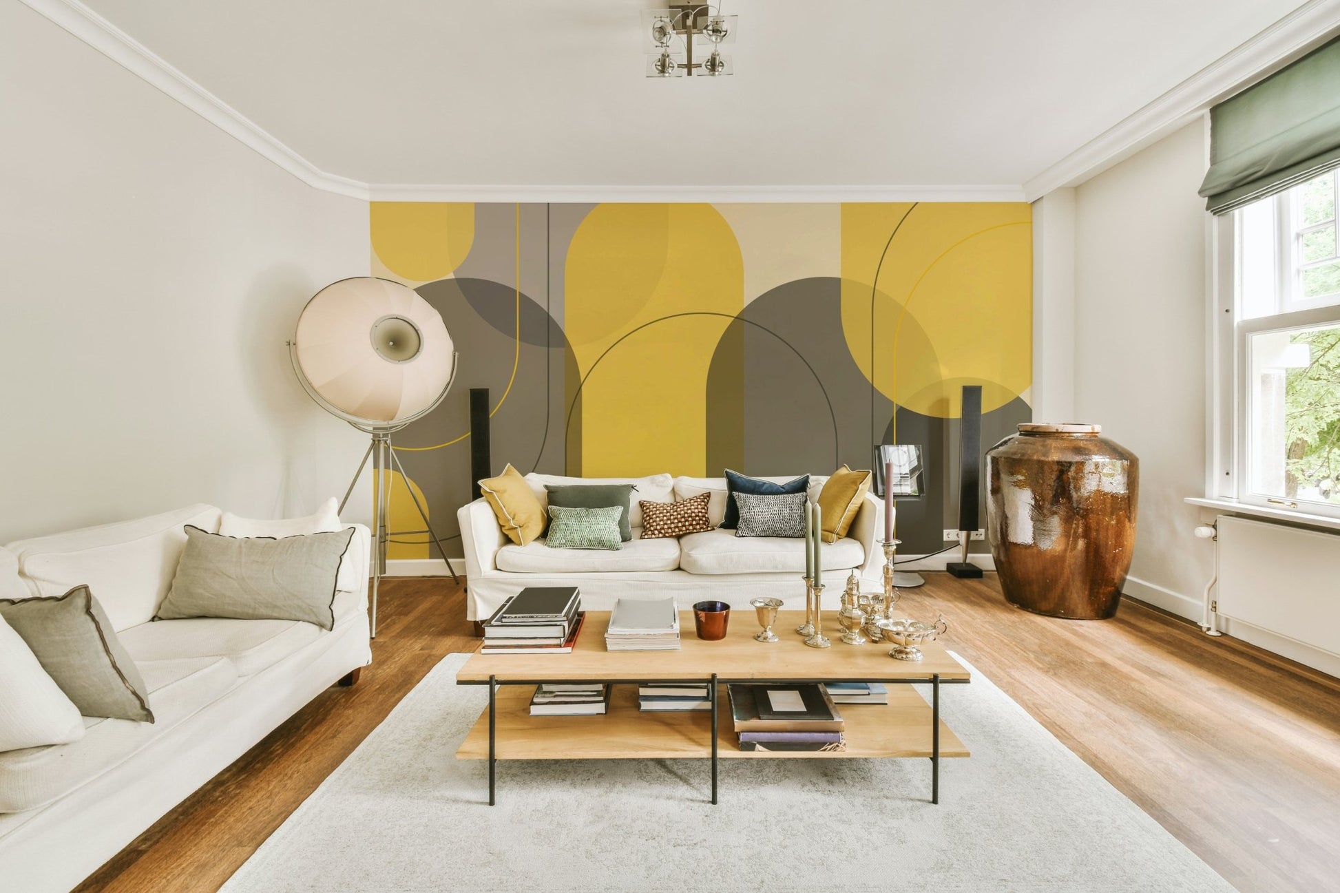 Elegant arches wall mural in taupe and yellow tones

