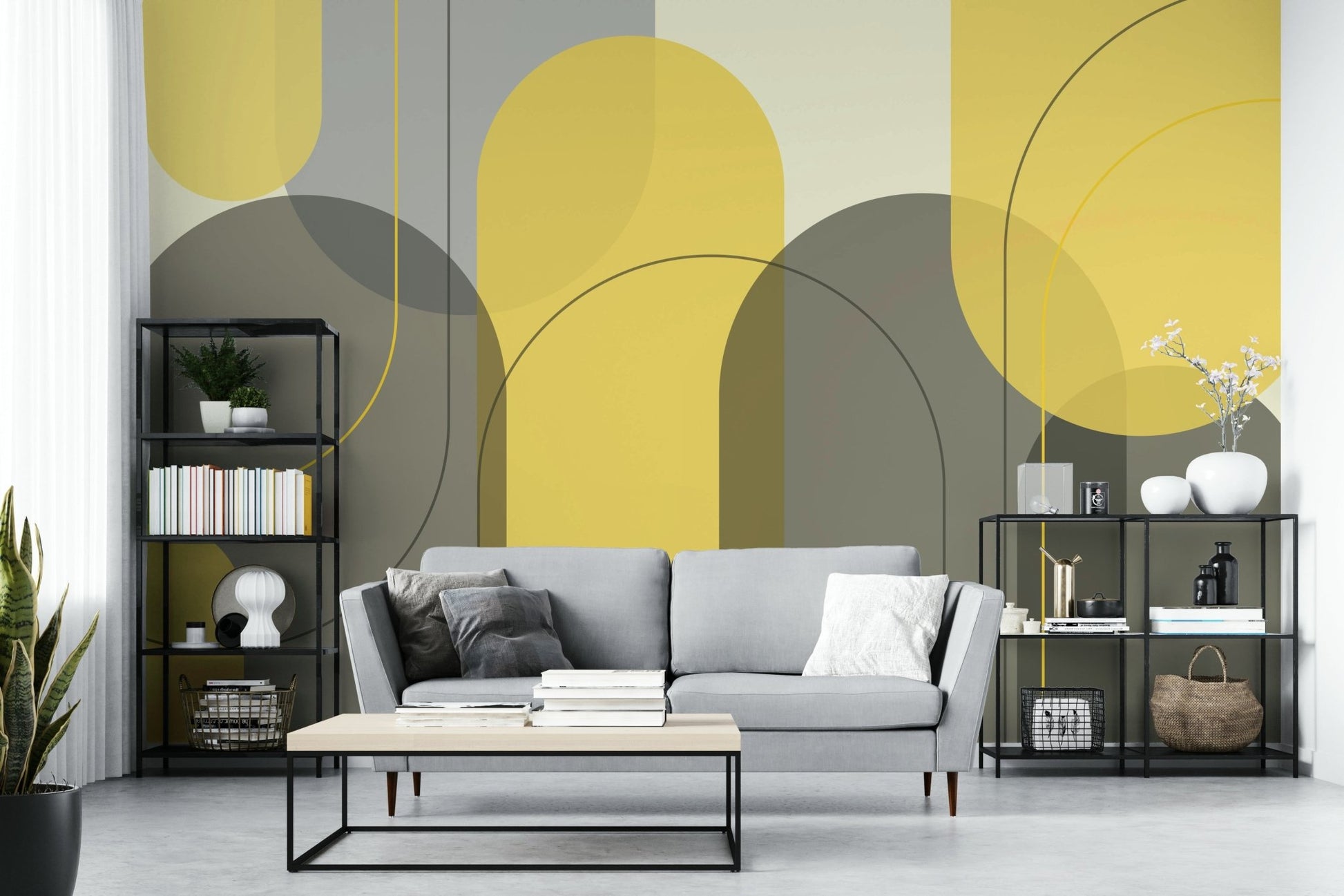 Stylish geometric wall mural in curved arch design


