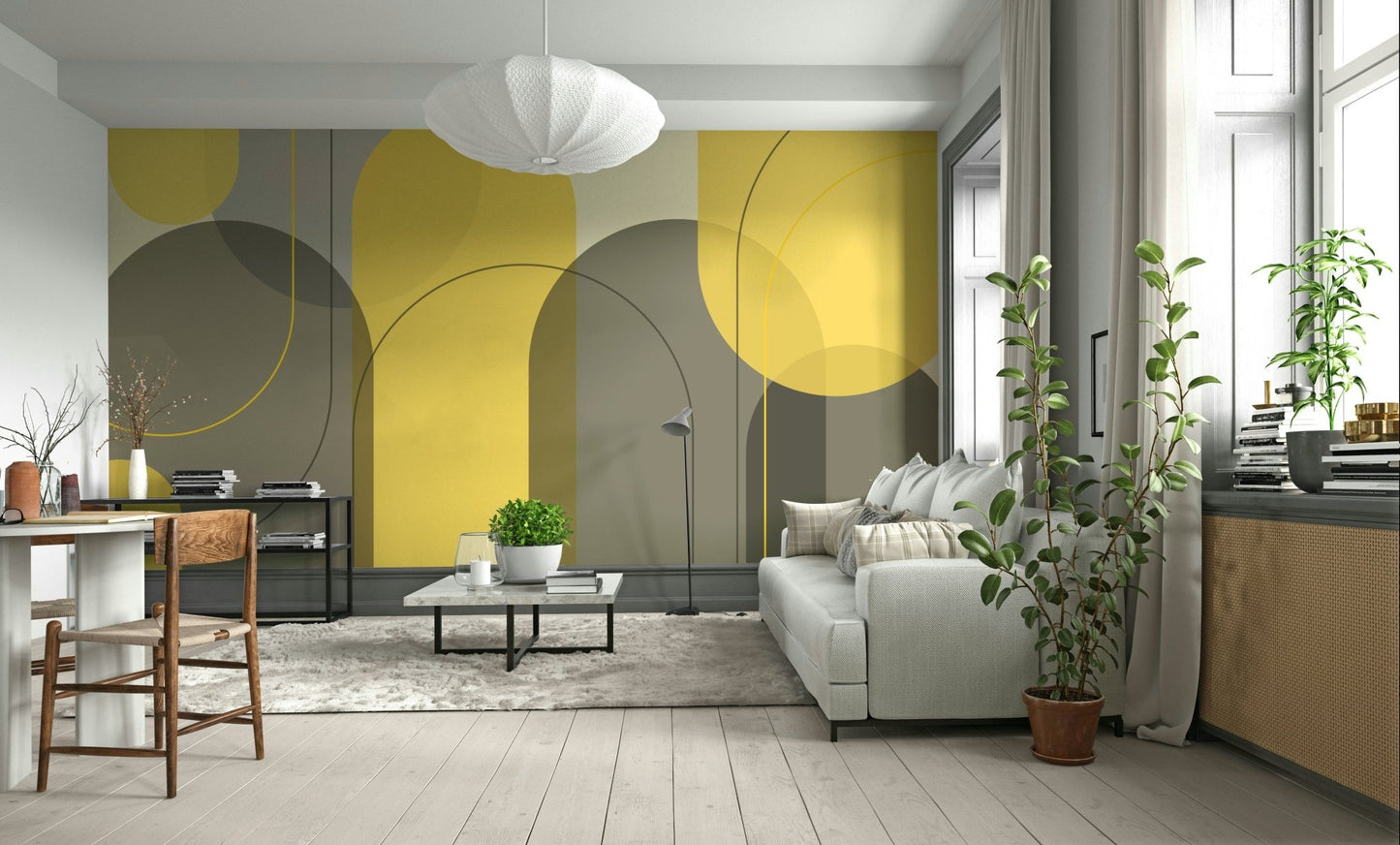 Mid-century inspired arches mural in warm hues

